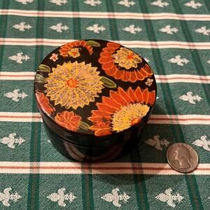 Vintage Pier 1 Painted Brown Jewelry Trinket Box with Flowers 3.25” Diameter